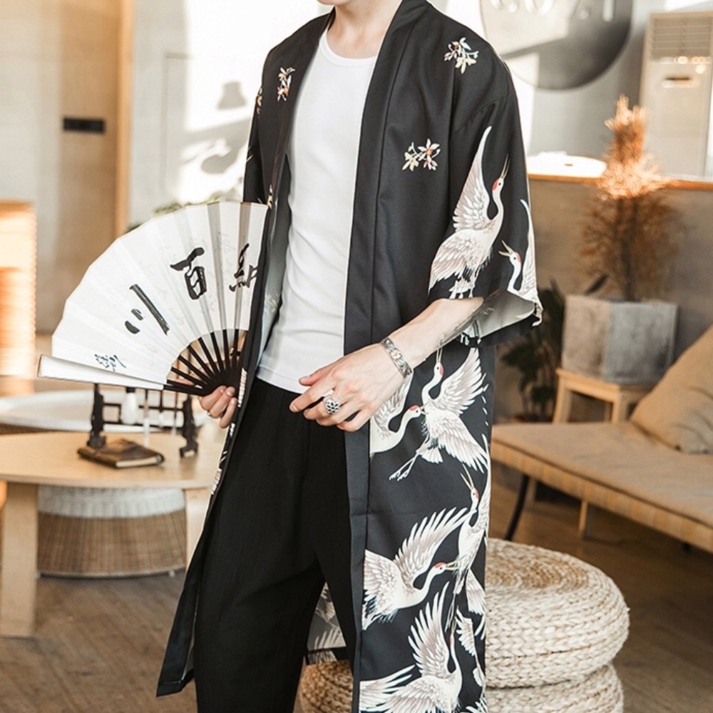 Unisex crane bird kimono satin robe - Picture 6 of 6